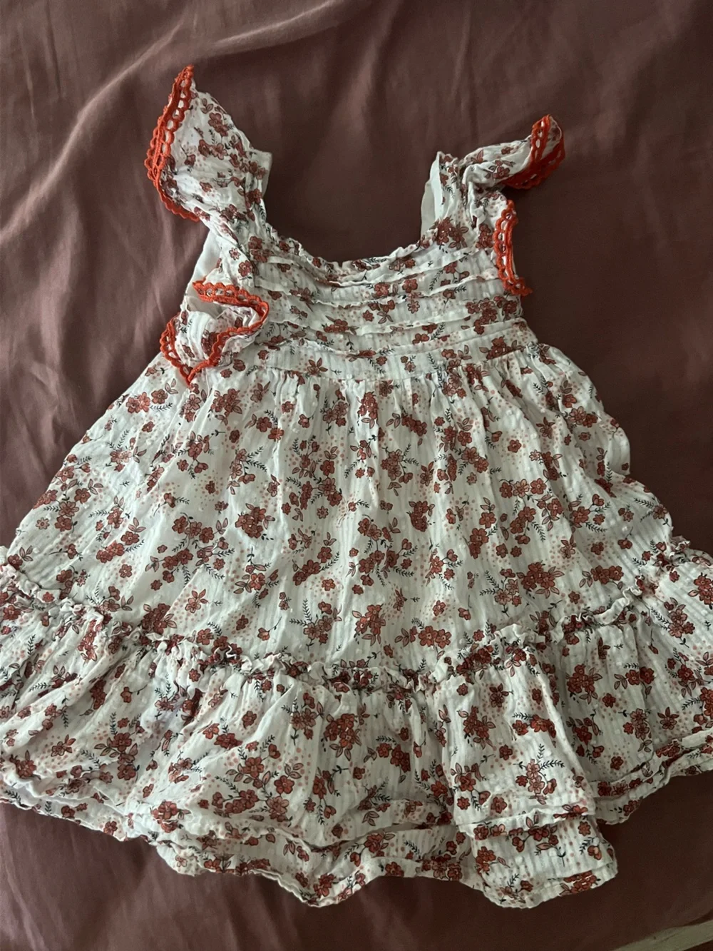 Joie White Dress with Rust Floral Print and Orange Trim